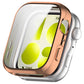 Rose gold full-coverage watch case with clear screen cover, shown on a silver smartwatch