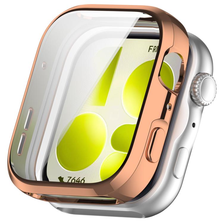 Rose gold full-coverage watch case with clear screen cover, shown on a silver smartwatch