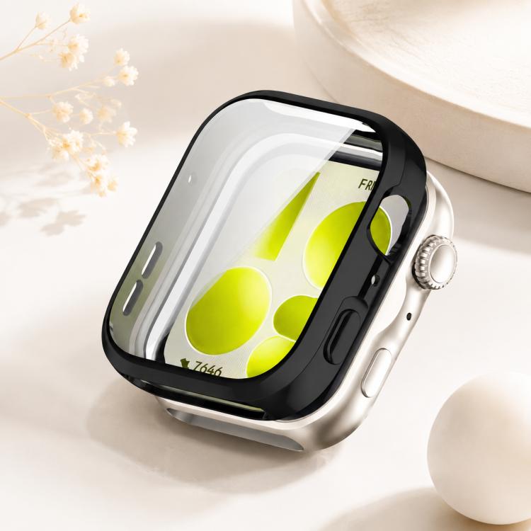 Black full-coverage watch case with clear screen cover, shown on a silver smartwatch