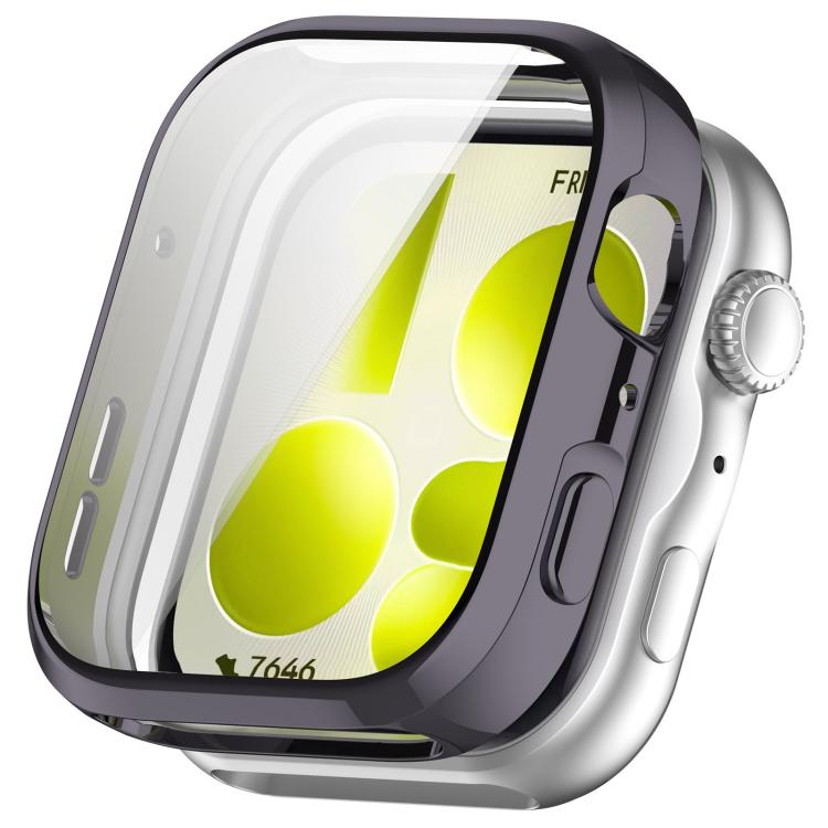 Dark gray full-coverage watch case with clear screen cover, shown on a silver smartwatch