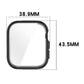 Black full-coverage watch case with clear screen cover, measuring 38.9 by 43.5 mm