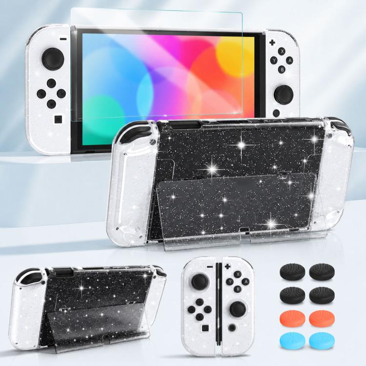 Glitter clear console case with tempered glass screen protector and joystick caps