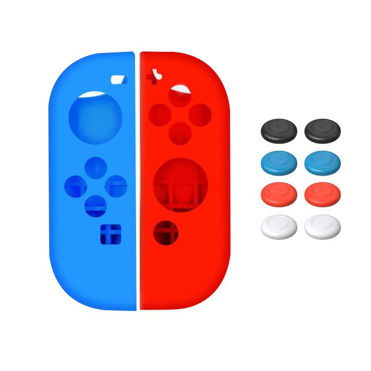 Soft silicone joystick cap set with blue-and-red protective Joy-Con case shells