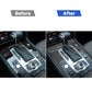 Carbon-fiber gear panel trim sticker after install, before/after comparison