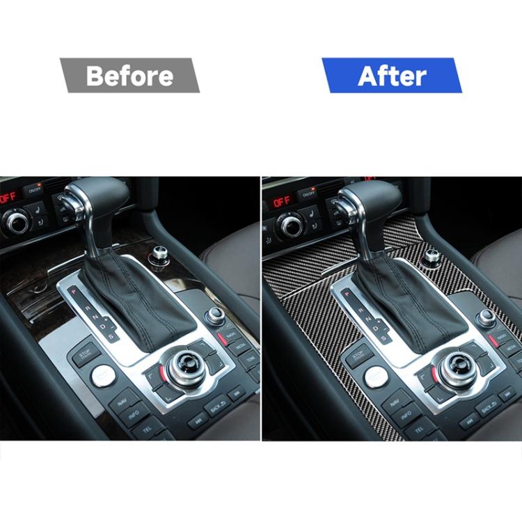 Carbon-fiber gear panel trim sticker after install, before/after comparison
