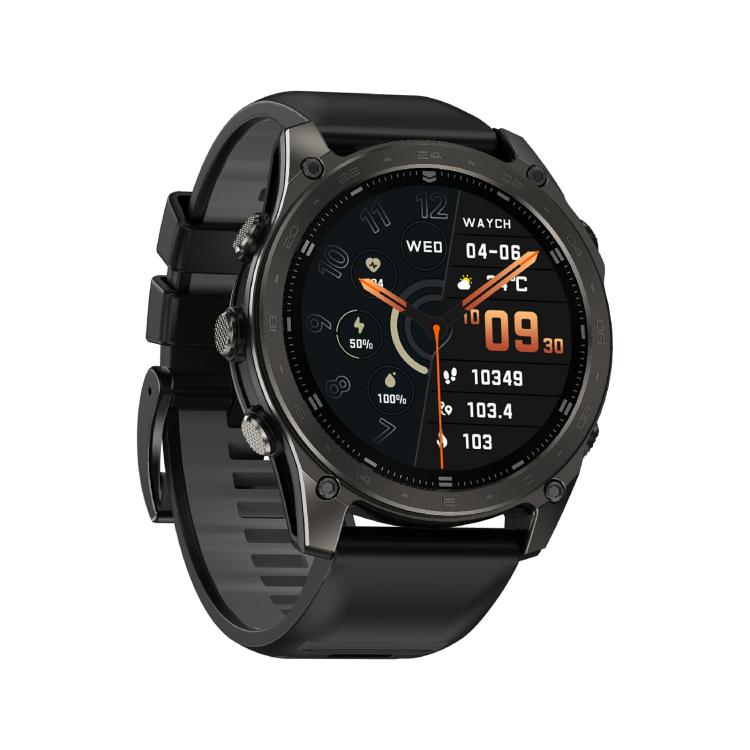 Black T8 Pro smartwatch with orange-accented digital display and textured silicone strap