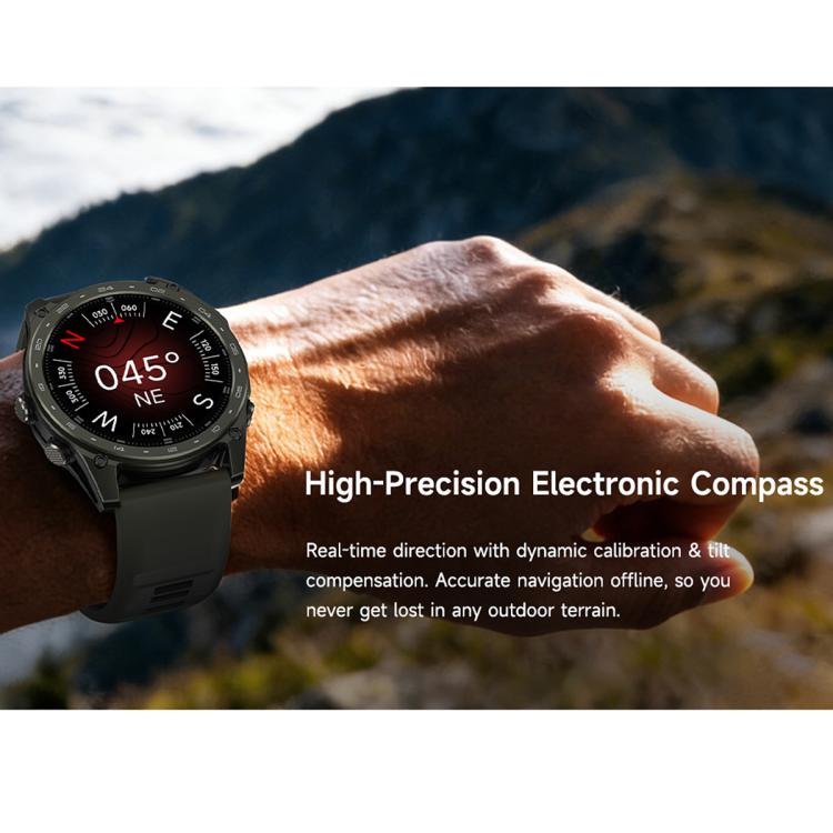 T8 Pro sport smartwatch with dark strap displaying an electronic compass