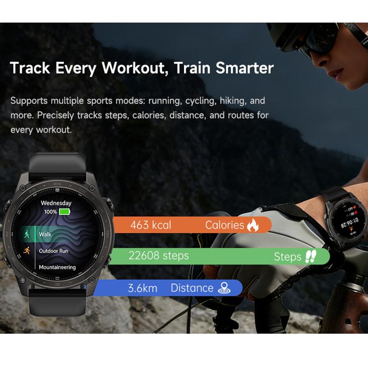 T8 Pro sport smartwatch showing workout modes beside a cyclist wearing a watch