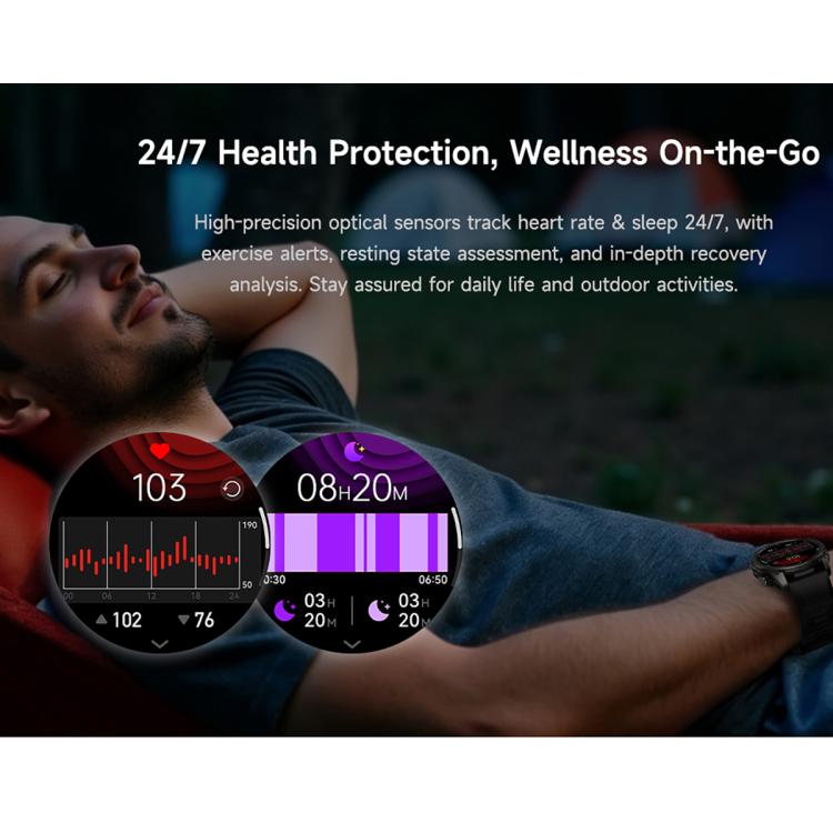 T8 Pro sport smartwatch worn during rest, with heart rate and sleep tracking displays