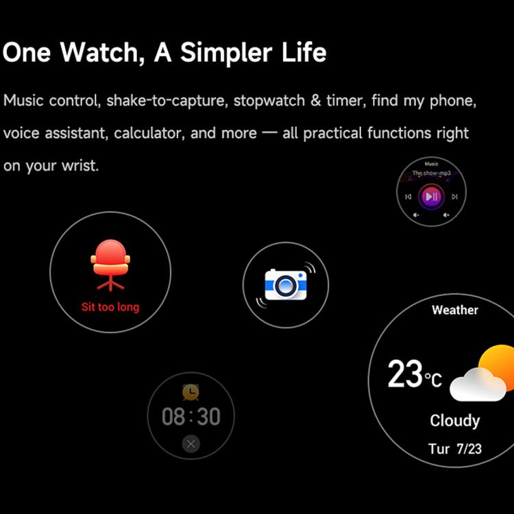 T8 Pro sport smartwatch functions including music, camera, weather, and sitting reminders