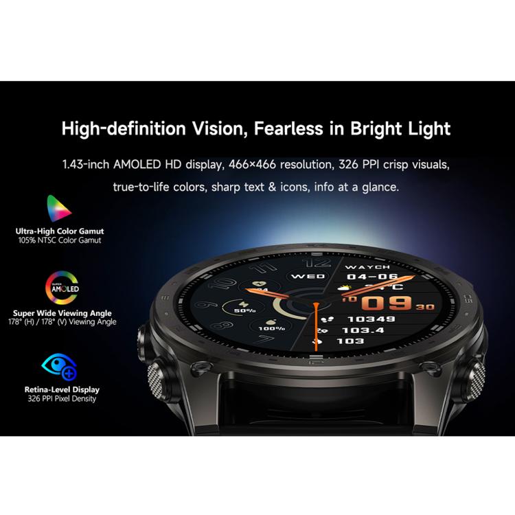 Black T8 Pro smartwatch shown from a low angle, highlighting its round AMOLED display