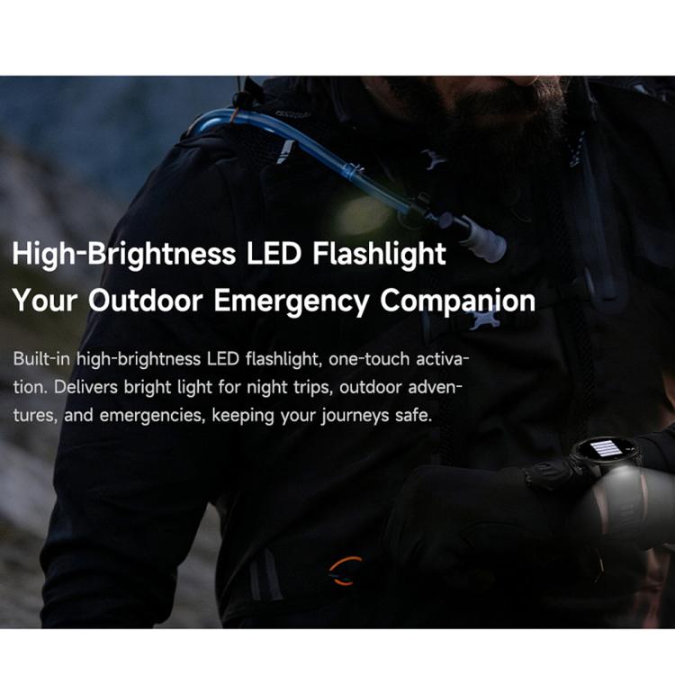 T8 Pro smartwatch worn on a wrist, with its built-in LED flashlight illuminated