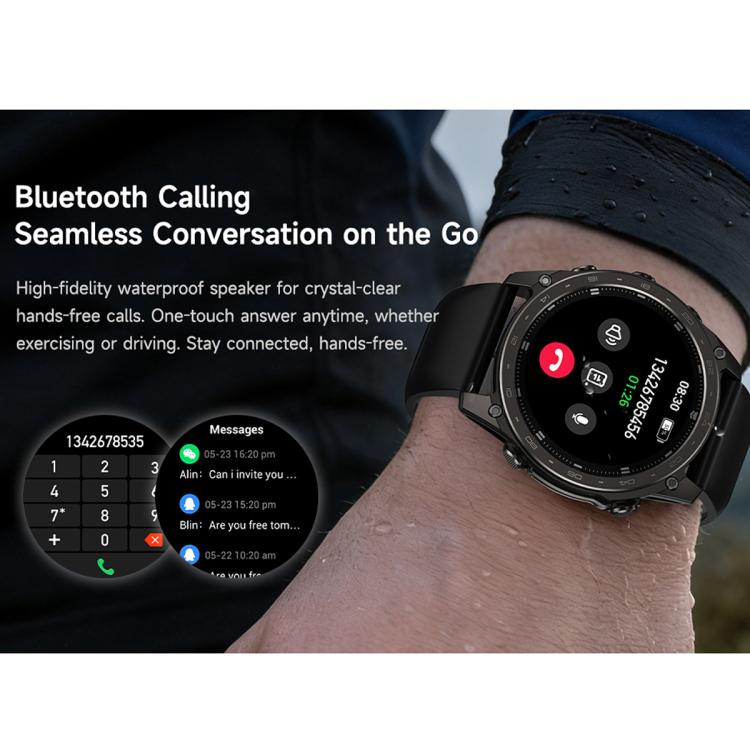 T8 Pro sport smartwatch with black strap displaying a Bluetooth call screen