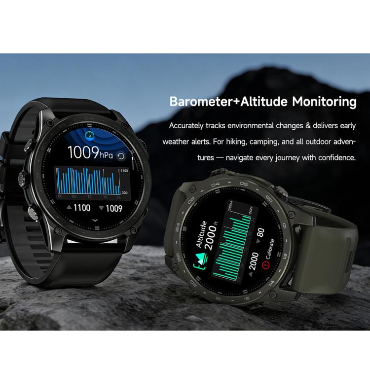 T8 Pro sport smartwatch with black and olive straps showing barometer and altitude data