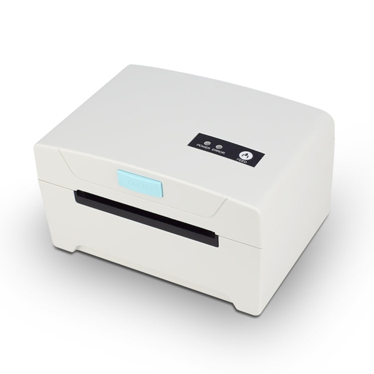 Single paper waybill label printer, white desktop unit with front label slot and blue display