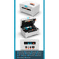 Thermal label printer diagram with top, open interior, and back ports panel
