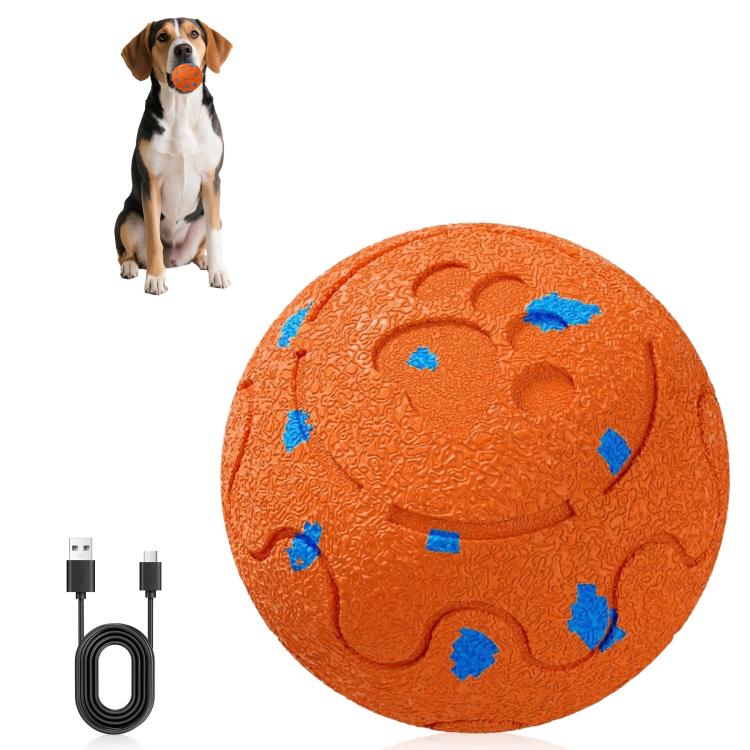 Orange smart automatic pet toy ball with blue paw print patterns, for dog play