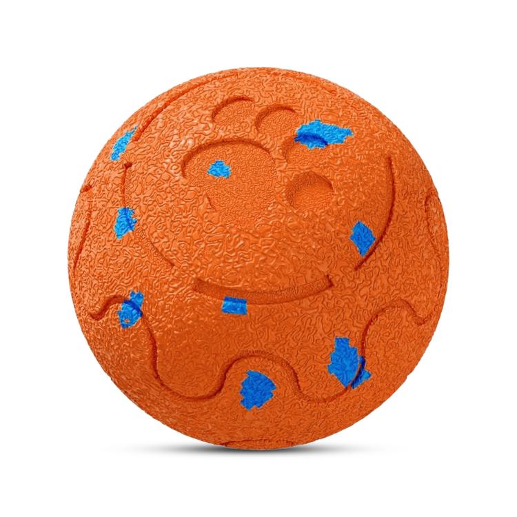 Orange automatic pet toy ball with blue textured icons and ridged surface