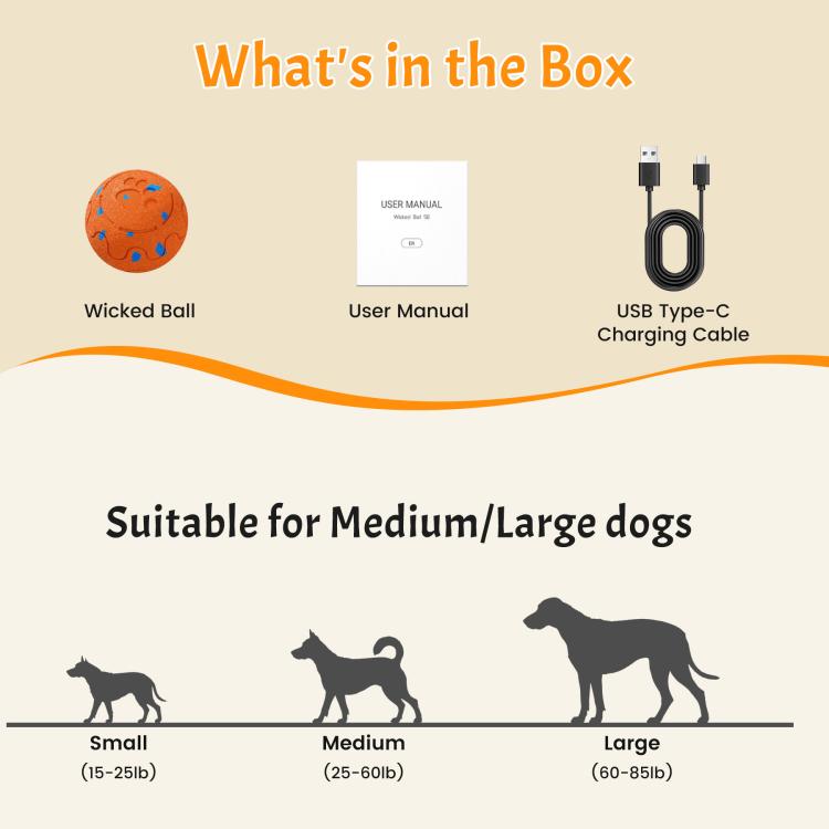 Smart automatic pet toy ball with orange textured surface and USB-C charging cable