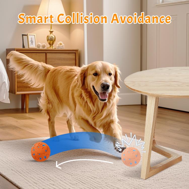 Orange smart pet toy ball on rug, with blue-patterned shell