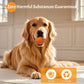 Orange dog toy ball with blue design, held by a golden retriever