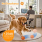 Orange motion-activated pet toy ball with blue dots on a play mat