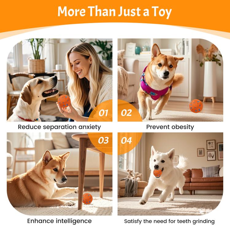 Orange interactive pet toy ball with blue accents in a home scene
