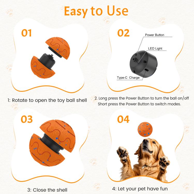 Orange pet toy ball with open/close shell design shown
