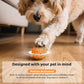 Orange smart pet toy ball with blue paw pattern as a dog nudges it