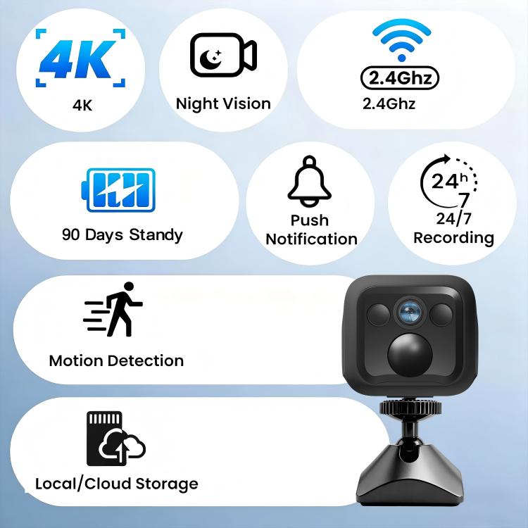 Black mini WiFi camera with lens and adjustable tripod-style base