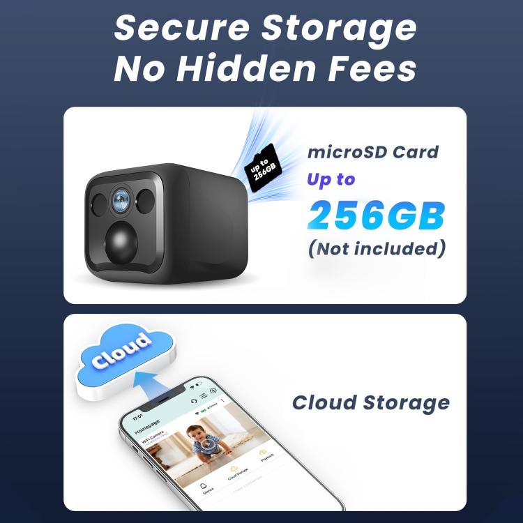 Black WiFi security camera with microSD storage up to 256GB (not included)