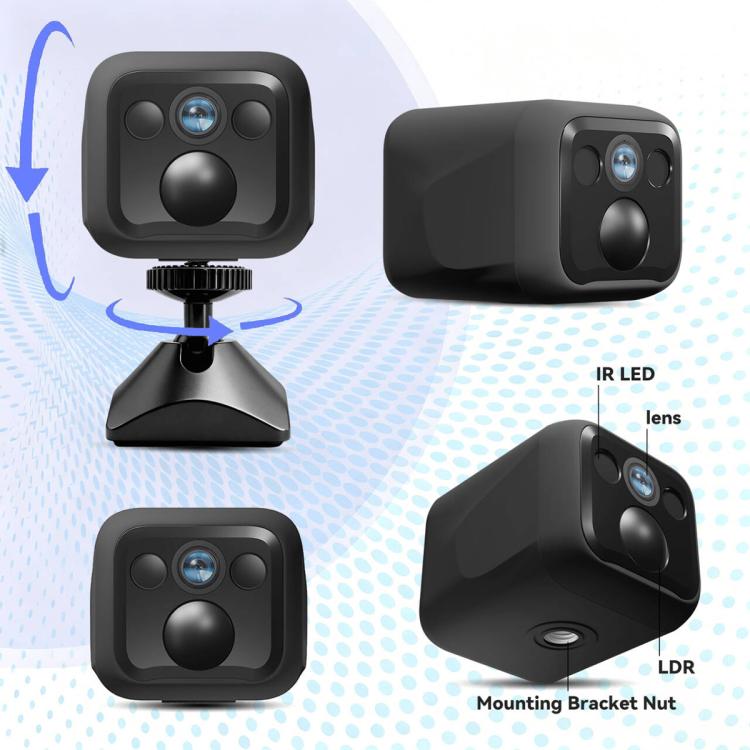 Black WiFi security camera angles showing IR LED, lens, LDR, and mounting bracket nut