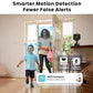 Black indoor WiFi camera on a small stand with front lens facing forward