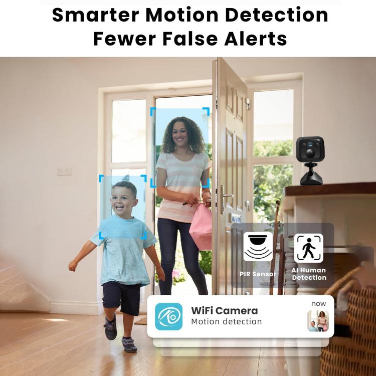 Black indoor WiFi camera on a small stand with front lens facing forward