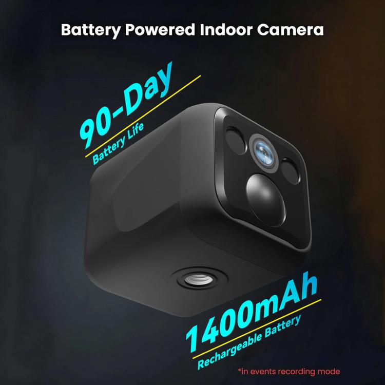 Black battery-powered indoor WiFi camera close-up with front lens and base