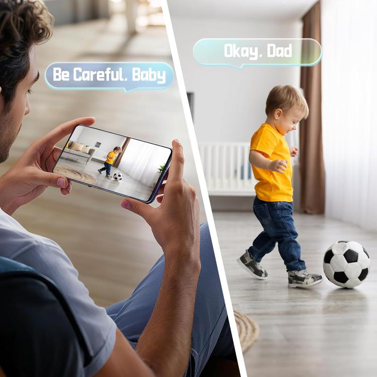 WiFi camera remote viewing scene showing a child indoors and a phone