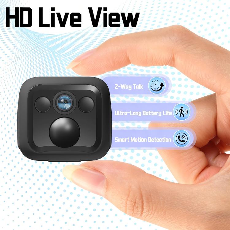 Black mini WiFi camera held in a hand, showing front lens and speaker areas