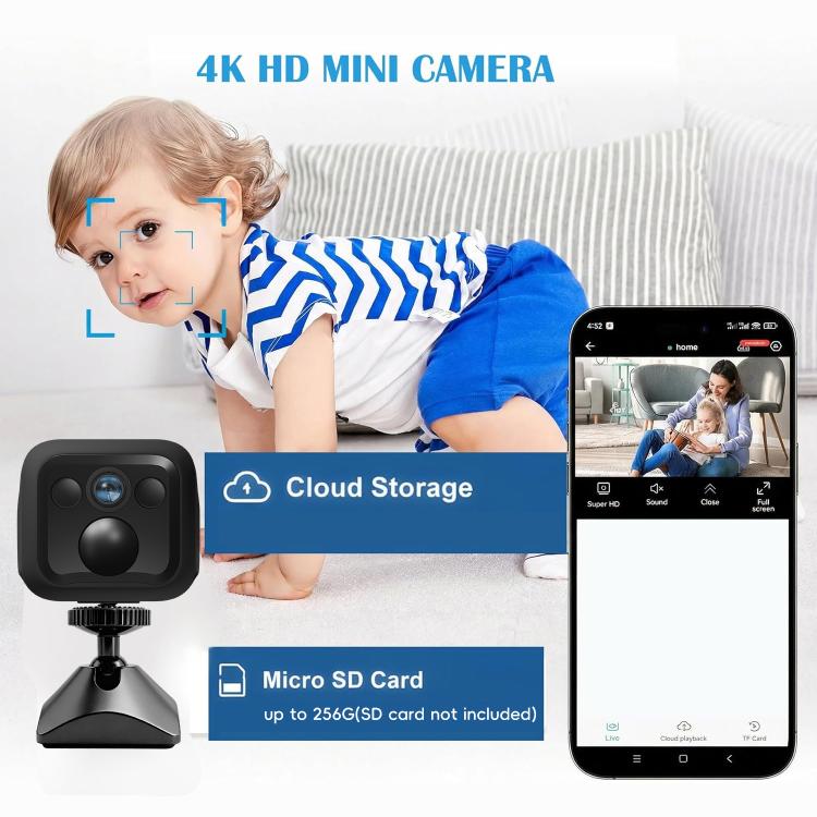 Black 4K HD mini WiFi camera with desktop stand and front lens