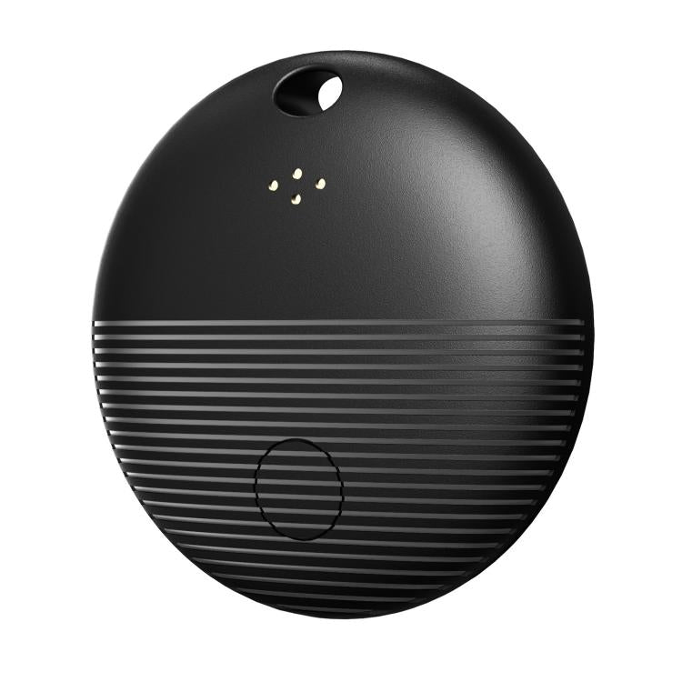 Black round Bluetooth GPS tracker with top lanyard hole and speaker grille lines