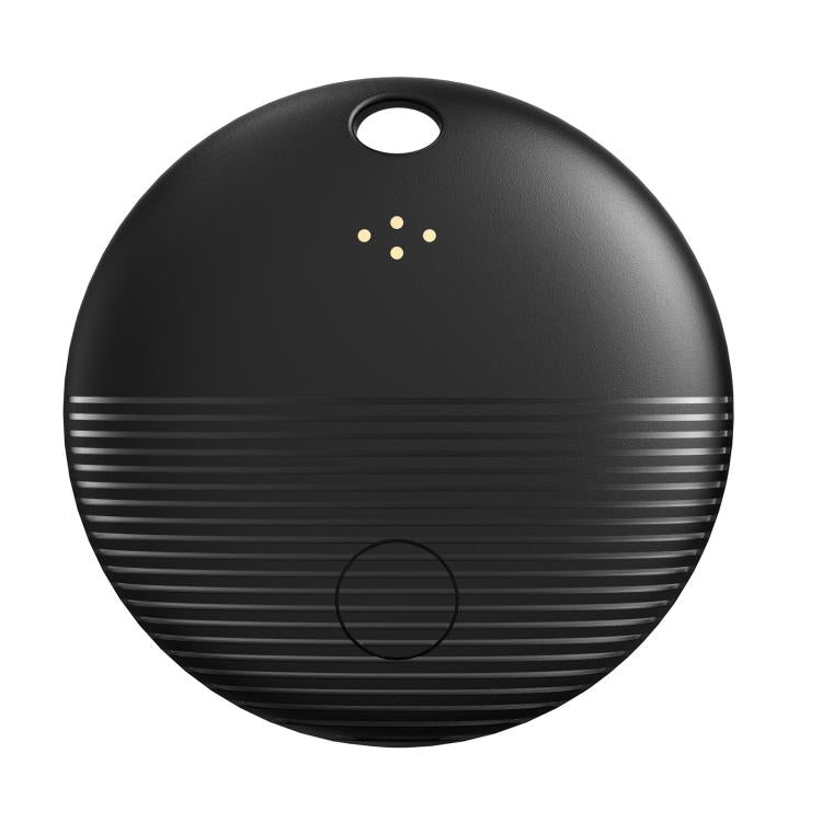 Black round Bluetooth GPS tracker with top lanyard hole, indicator dots, and speaker grille