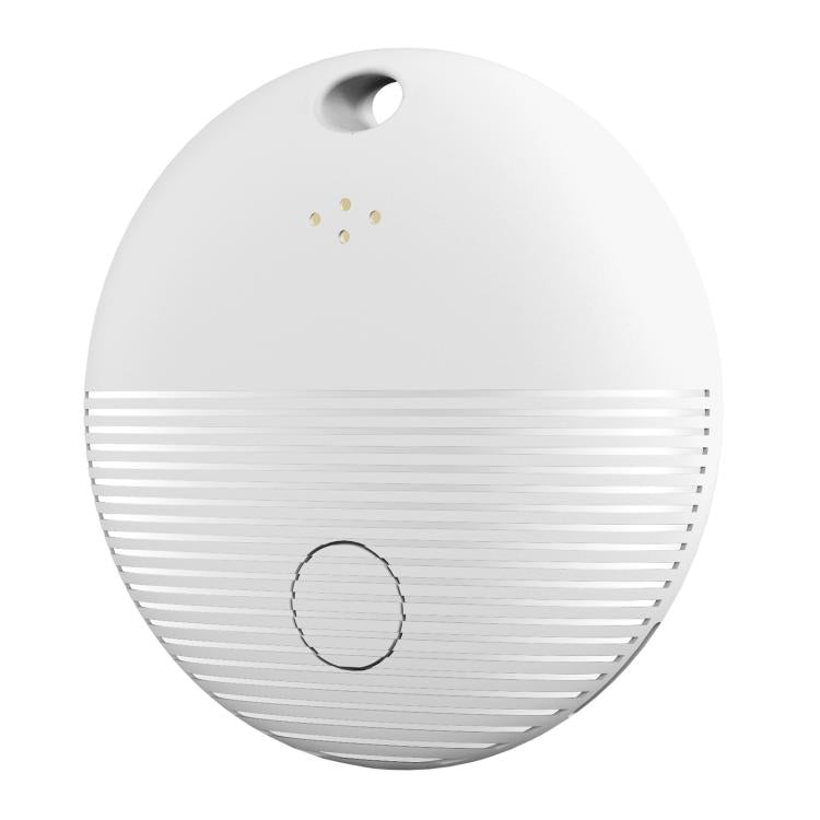 White round Bluetooth GPS tracker with top lanyard hole and horizontal speaker grille lines