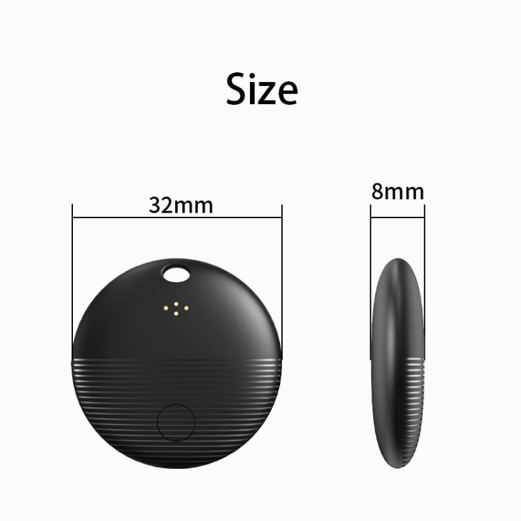 Black round Bluetooth GPS tracker shown front and side with top lanyard hole