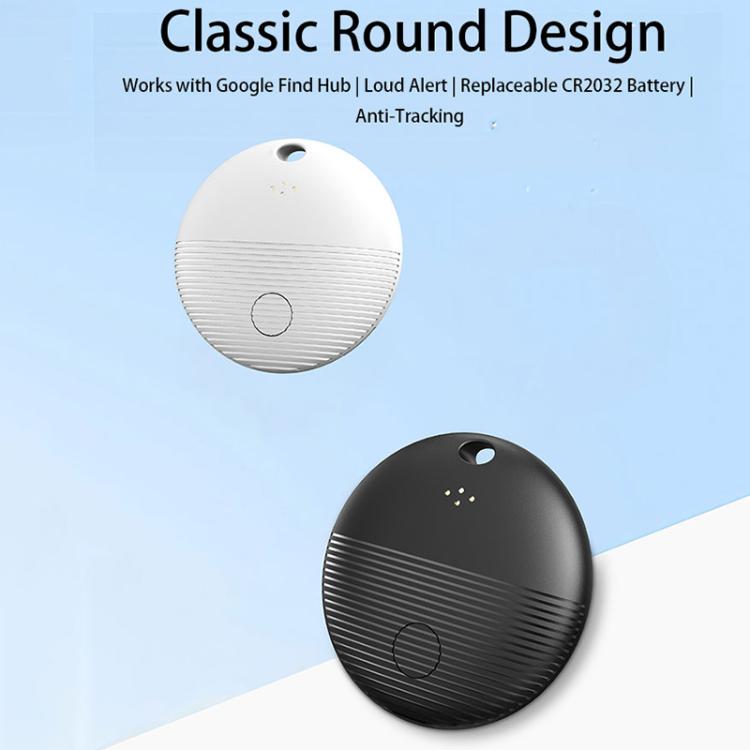 Round Bluetooth GPS trackers in white and black, each with top lanyard hole