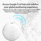 White round Bluetooth GPS tracker with top lanyard hole and circular power button icon