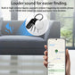 White round Bluetooth GPS tracker keychain with top lanyard hole and speaker grille