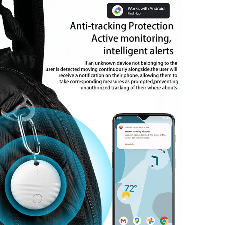 White round Bluetooth GPS tracker with lanyard hole attached to a keychain ring