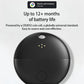 Black round Bluetooth GPS tracker with top lanyard hole, indicator dots, and speaker grille
