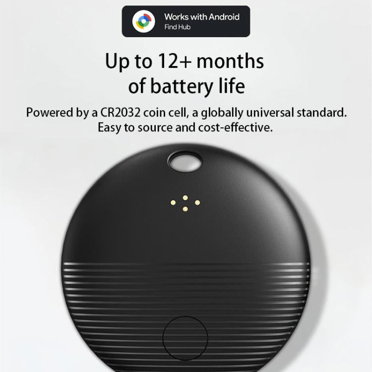 Black round Bluetooth GPS tracker with top lanyard hole, indicator dots, and speaker grille