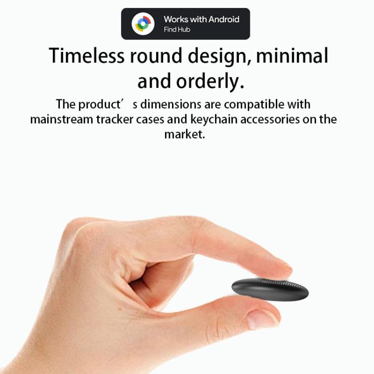 Black round Bluetooth GPS tracker held in a hand, showing top lanyard hole