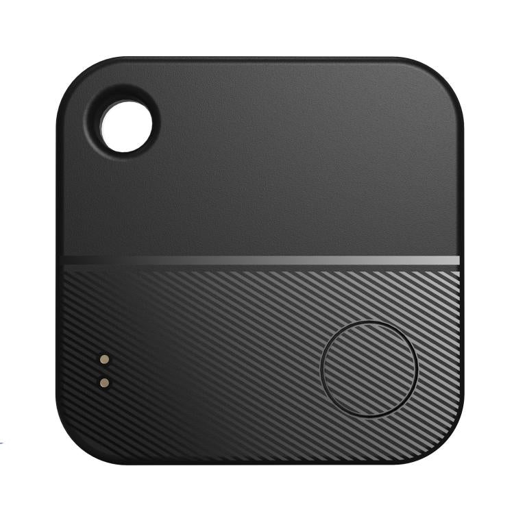 Black square GPS Bluetooth tracker with top hole, circular button, and striped bottom panel.